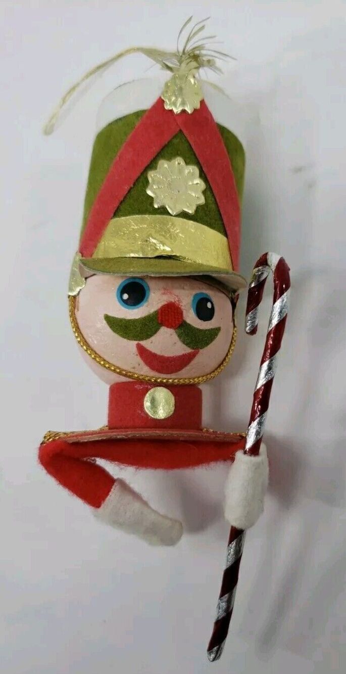 Toy Soldier Nutcracker Ornament VTG Christmas Made in Japan Felt Green Red 1960s
